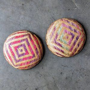 Vintage Set of Two Landscape Scenery Colorful Woven Wicker Basket Bowls